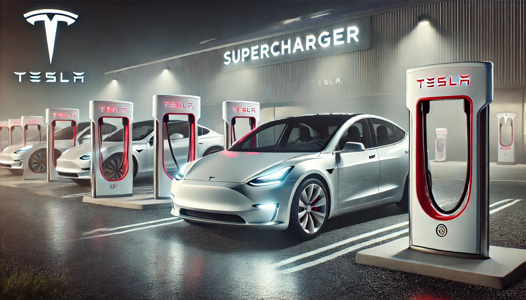 Tesla Supercharger station with a Tesla charging.